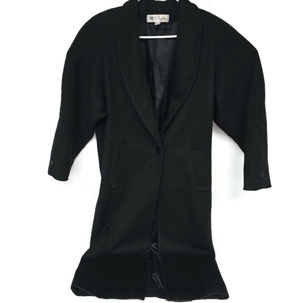 Vintage 80's Paul et Duffier Women size‎ 2 Black Long Wool Blend Trench Overcoat